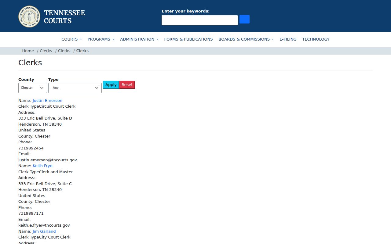 Chester County warrant lookup reference, AOC clerk directory for local courts