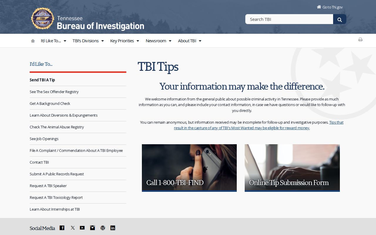Chester County most-wanted program reference, TBI anonymous tip submission page